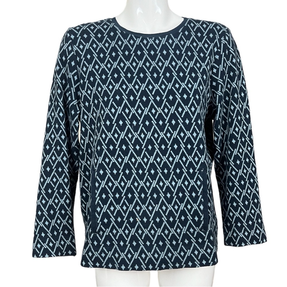 J. Jill Blue Geometric Design Crew Neck Kangaroo Pocket Cotton Sweater Large